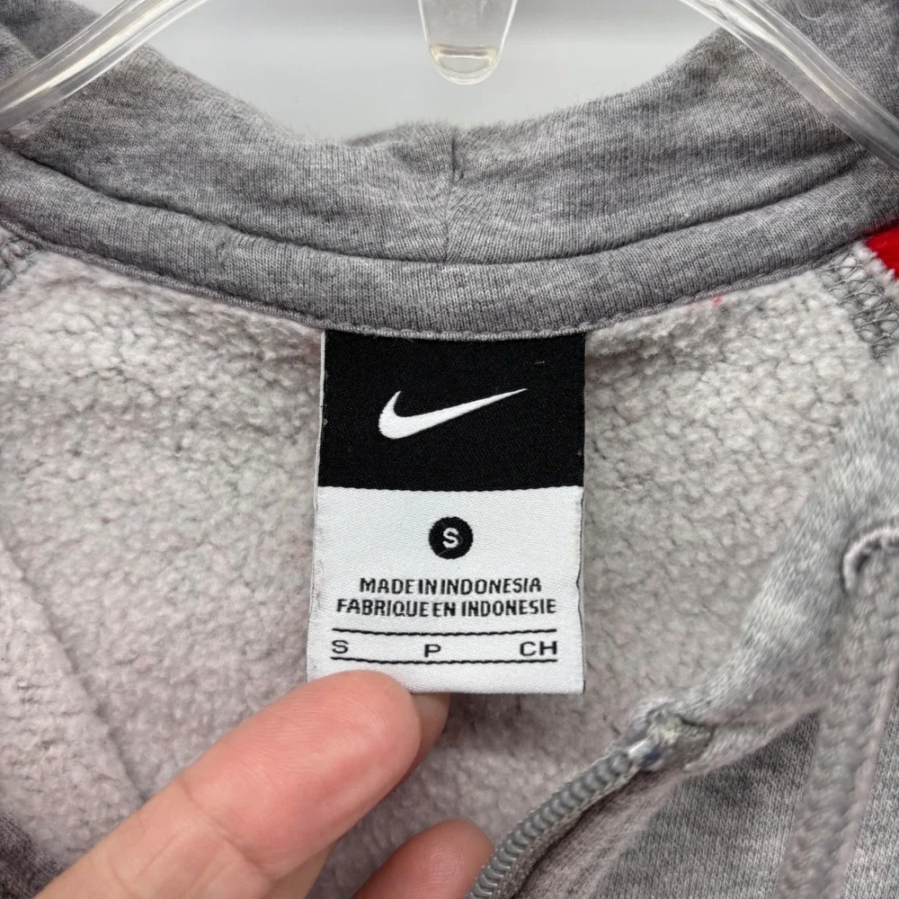 Y2K Nike Full Zip Hoodie Women S (FIT XS) Grey Red Colorblock Raglan Fleece Logo
